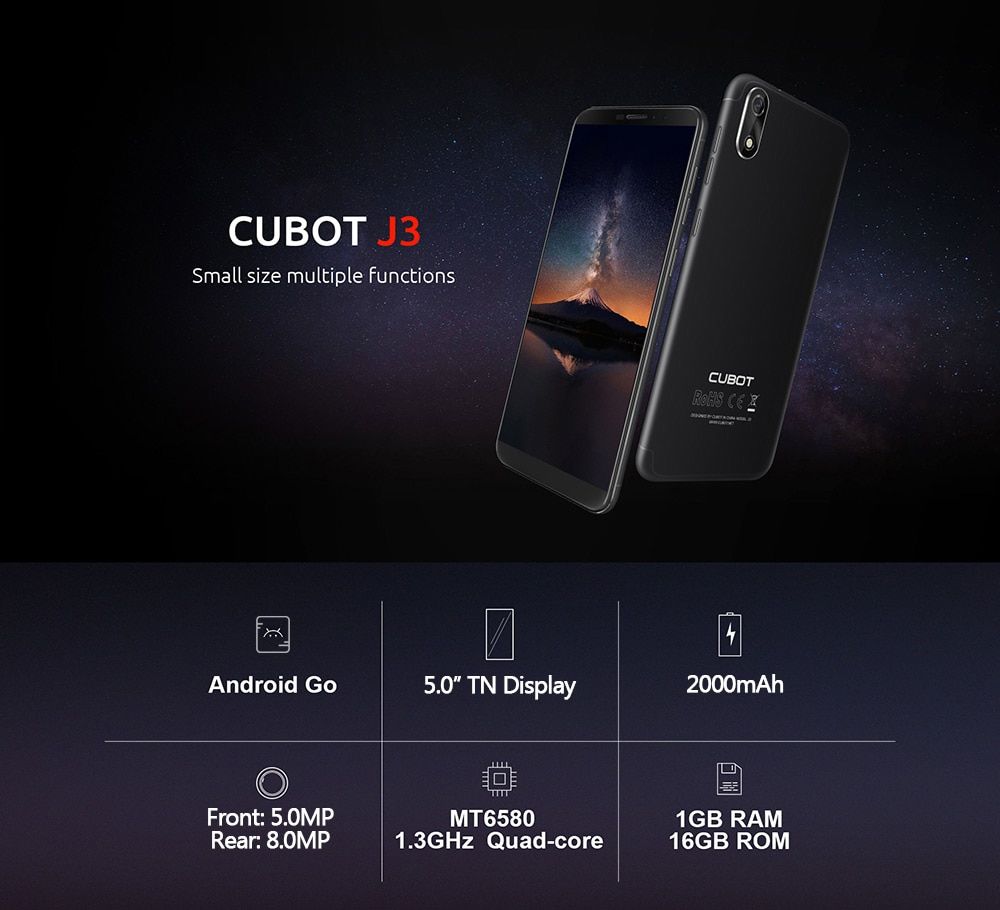 Cubot J3 3G Smartphone 5.0 pouces Android GO MT6580 Quad Core 1.3GHz 1 Go de RAM 16 Go de ROM 8.0MP caméra arrière 2000mAh batterie détachable - Gris