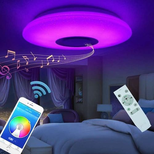 Music Led Ceiling Light Lamp 60W Rgb Flush Mount Round Starlight Music 
with Bluetooth Speaker Dimmable Color Changing Light