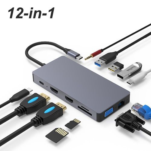 RUNFENGTE 12 in 1 Type-C HUB Docking Station Adapter with USB 3.0 & PD Charging & 4K HD Display & TF Card Reader & Camera Card Reader 4K HDMI VGA - Aluminum